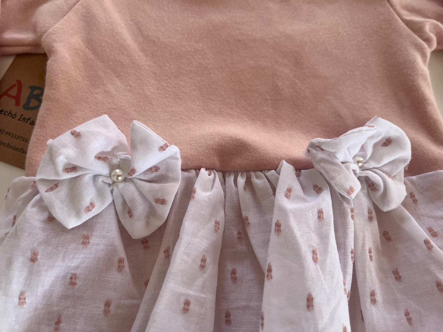 Vestido body infantil laços Tam P de 0 a 3 meses 100% Algodão