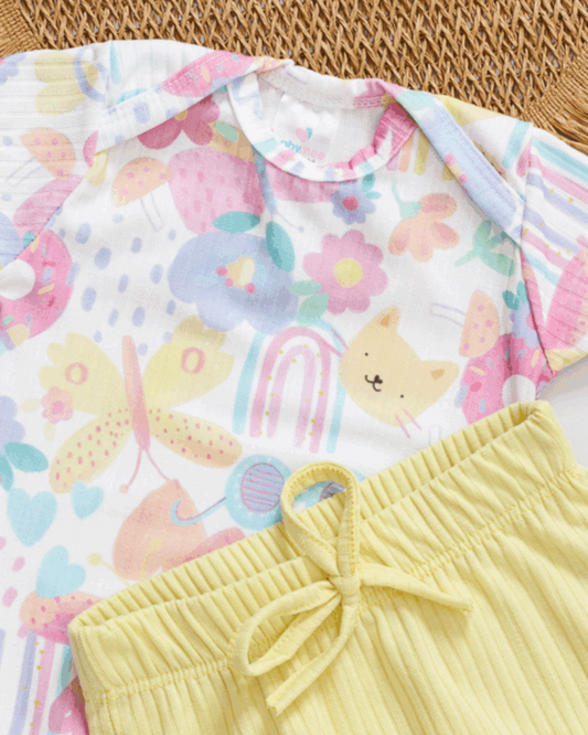 Conjunto Body e Tapa Fralda Canelado Bebê Estampado Arco-íris e Flores G