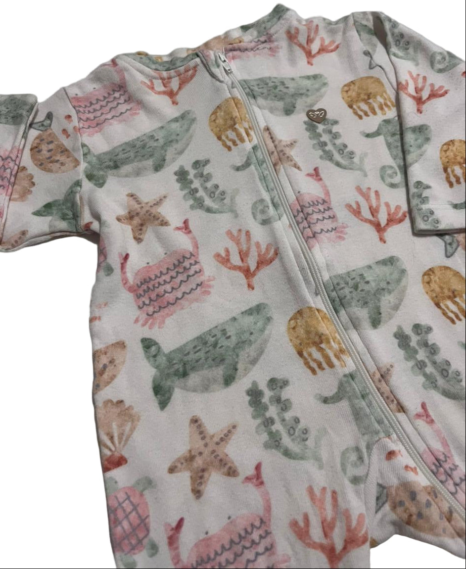 Macacões Menina em Ribana Canelada Fundo do Mar/Listrado 100% Algodão Baby Confort-TAM P